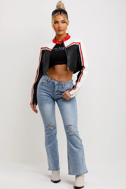 Faux Leather Racer Jacket Black And Red