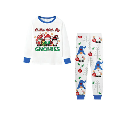 Blue Family Christmas Holiday Pajamas Set with Merry Gnome Pattern Print