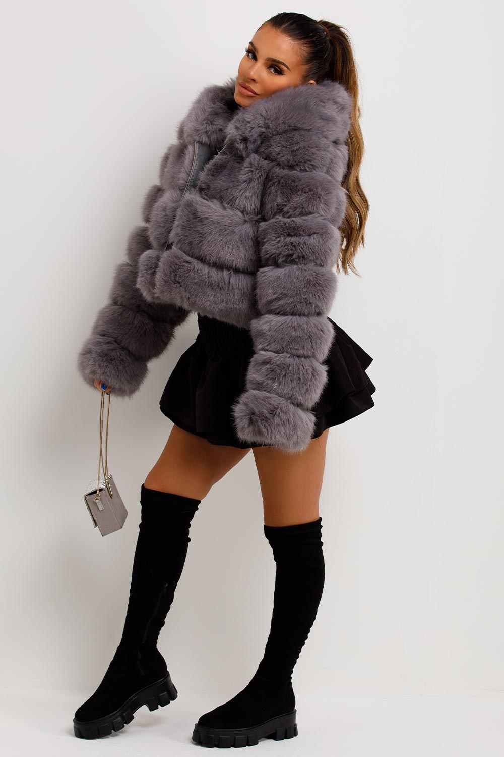 Grey Faux Fur Coat With Hood