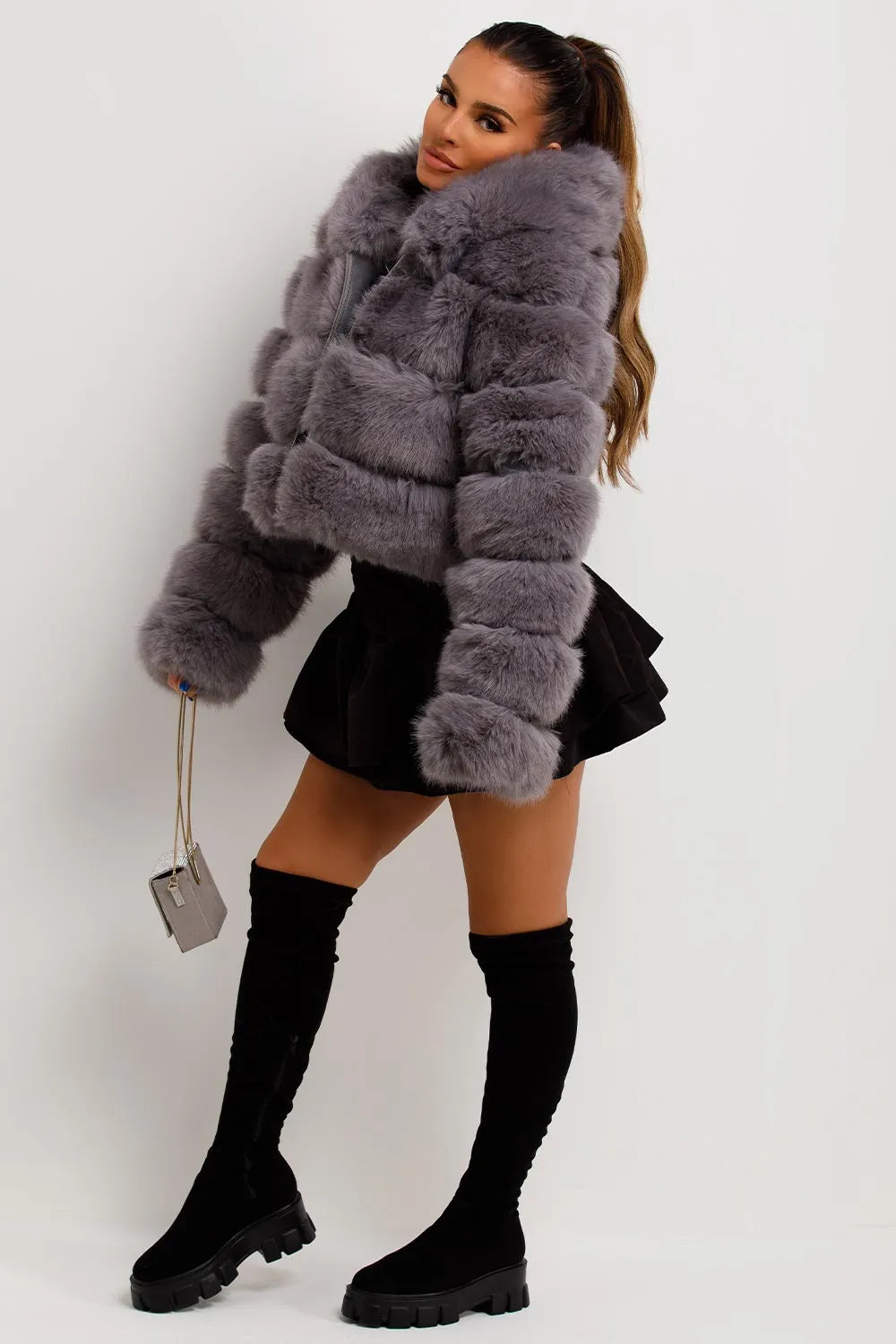Grey Faux Fur Coat With Hood
