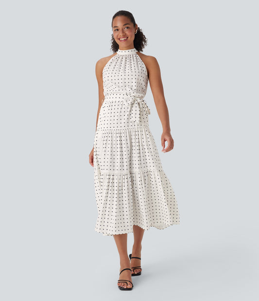 Halter Keyhole Back Belted Polka Dot Flowy Midi Dress with Pockets