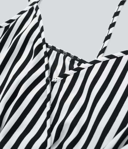 V-neck Snap Belted Stripe Waffle Jumpsuit with Pockets