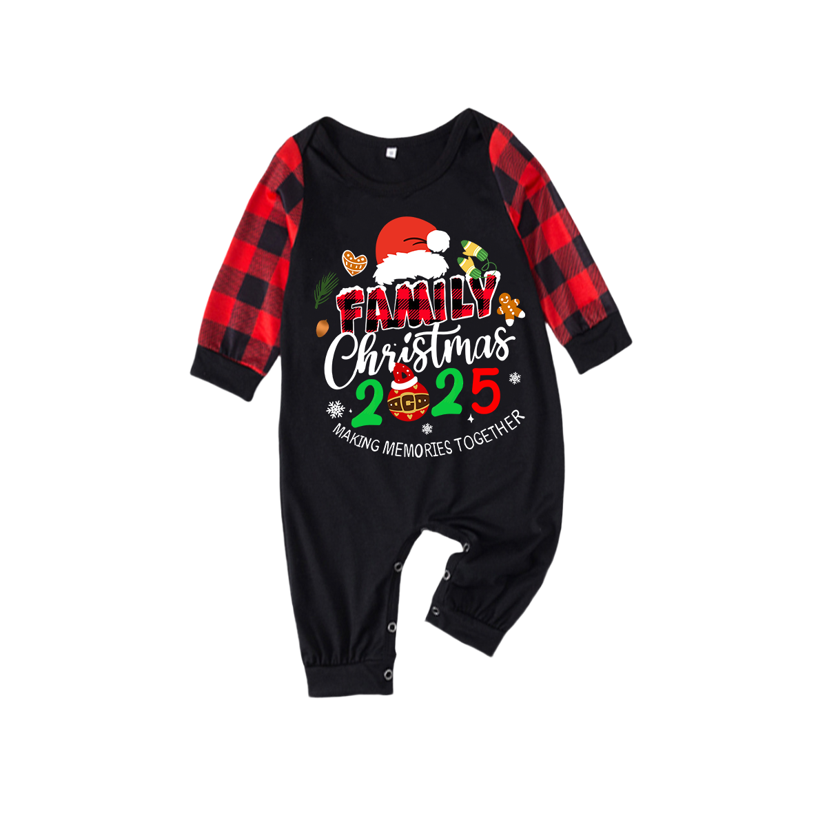 Santa Hat and "2025 Family Christmas" Text Print Black & Red Plaid Christmas Matching Pajamas