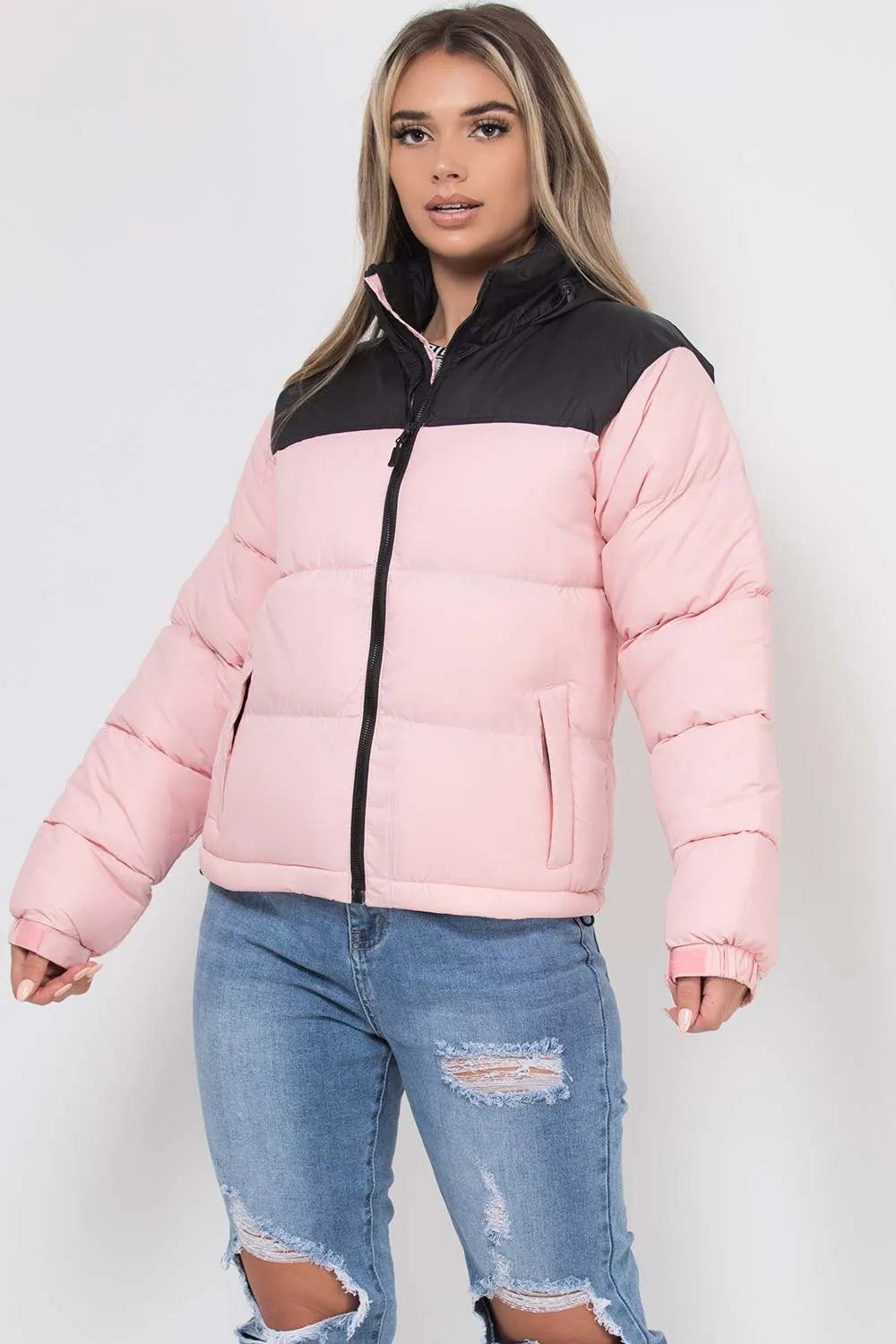 Puffer Jacket Pink And Black Colour Block