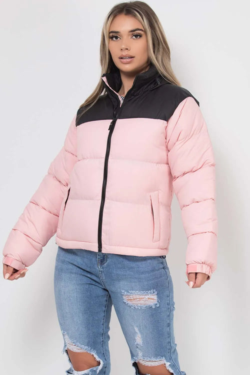 Puffer Jacket Pink And Black Colour Block