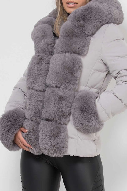 Puffer Jacket With Luxury Faux Fur Hood And Trim Grey