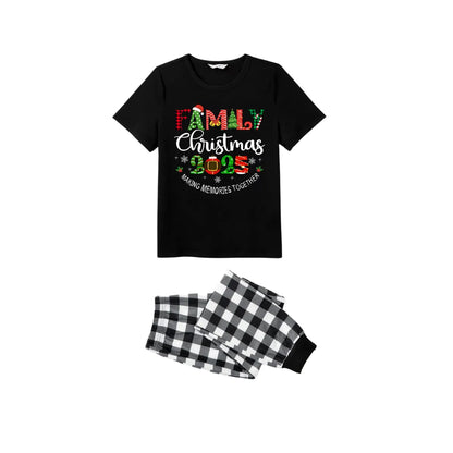 Making Memories Together Family Christmas 2025 Pajamas Set - Black Top Black and White Plaid Pants Colorful Christmas Graphic