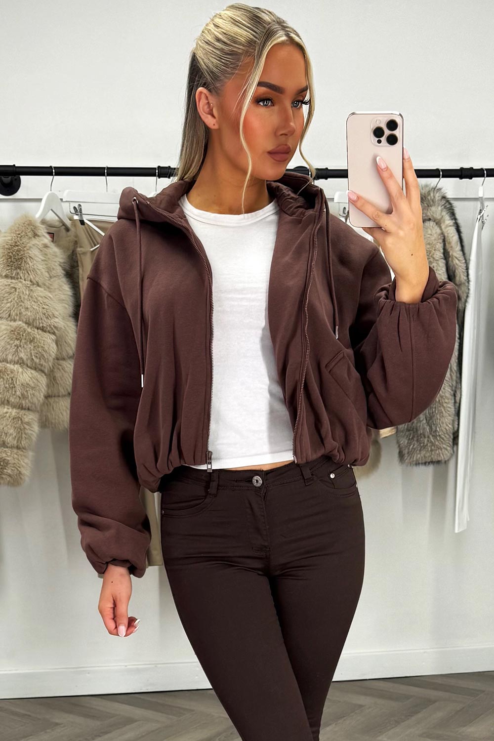 Hooded Jacket With Elastic Hem Brown