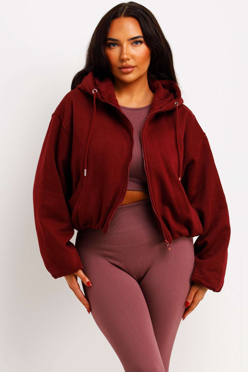 Hooded Jacket With Elastic Hem Burgundy