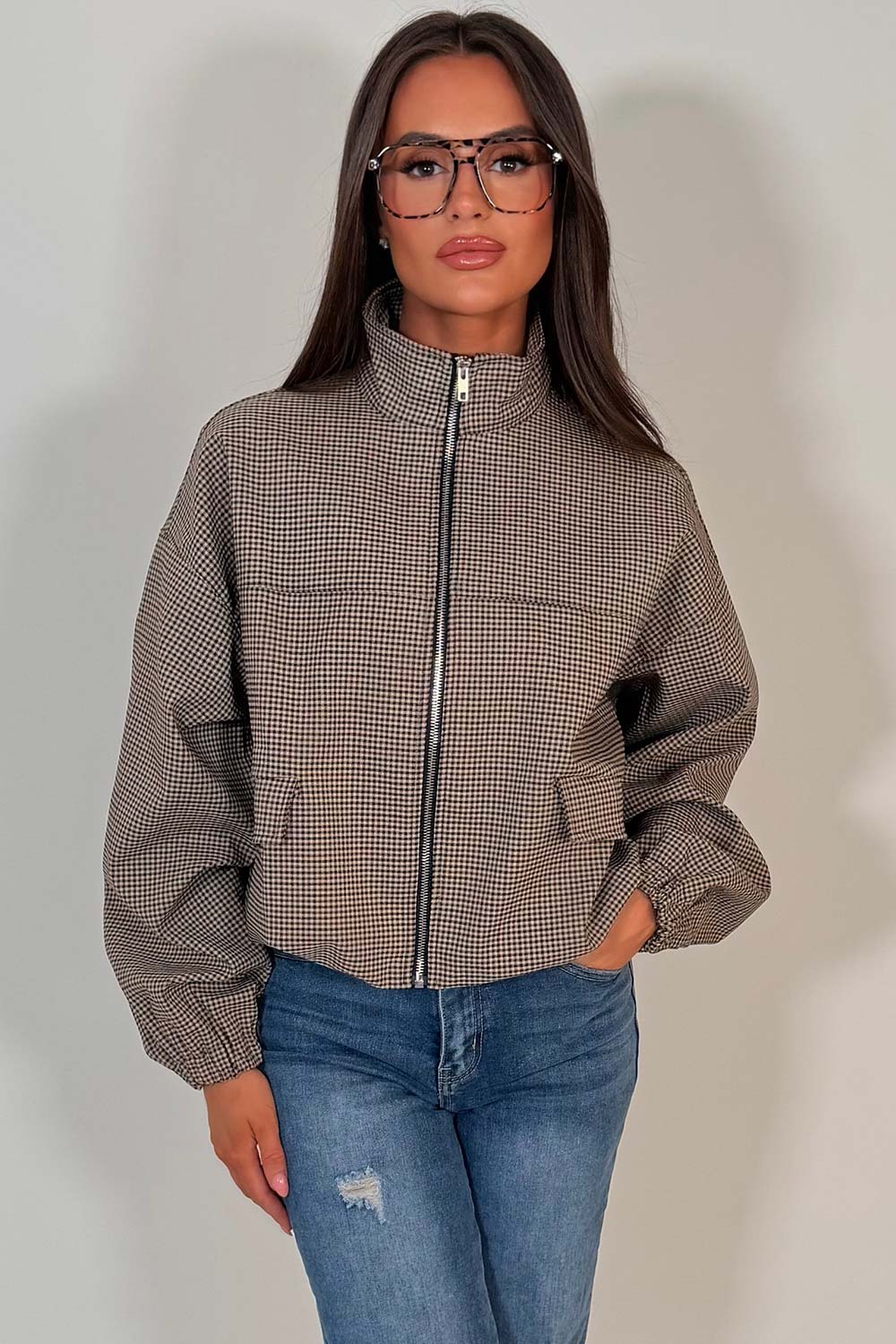 Checkered Bomber jacket With Collar Beige