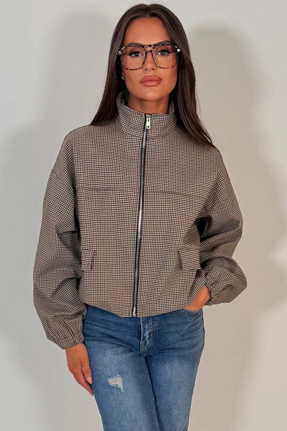 Checkered Bomber jacket With Collar Beige