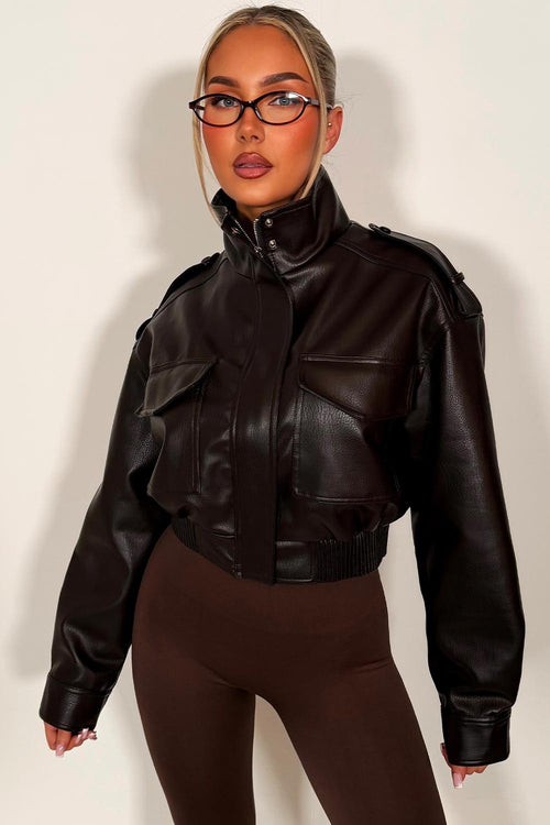 Faux Leather Jacket With Shoulder Tabs Brown
