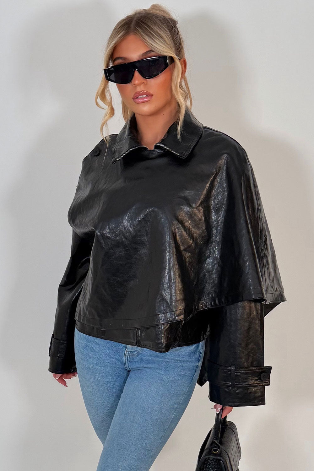 Black Faux Leather Jacket With Scarf Detail