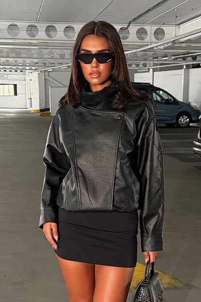 Black Faux Leather Funnel Neck Jacket