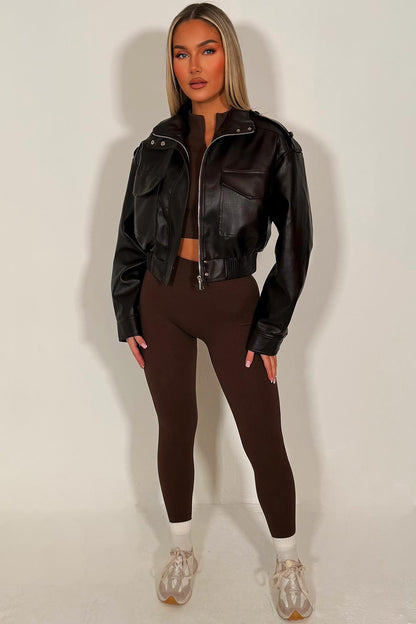 Faux Leather Jacket With Shoulder Tabs Brown