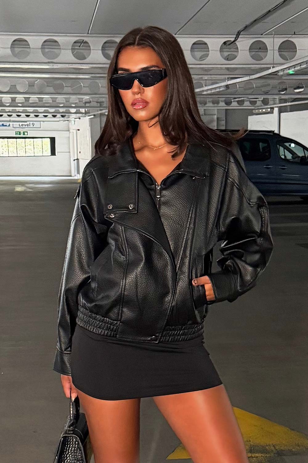 Black Faux Leather Funnel Neck Jacket