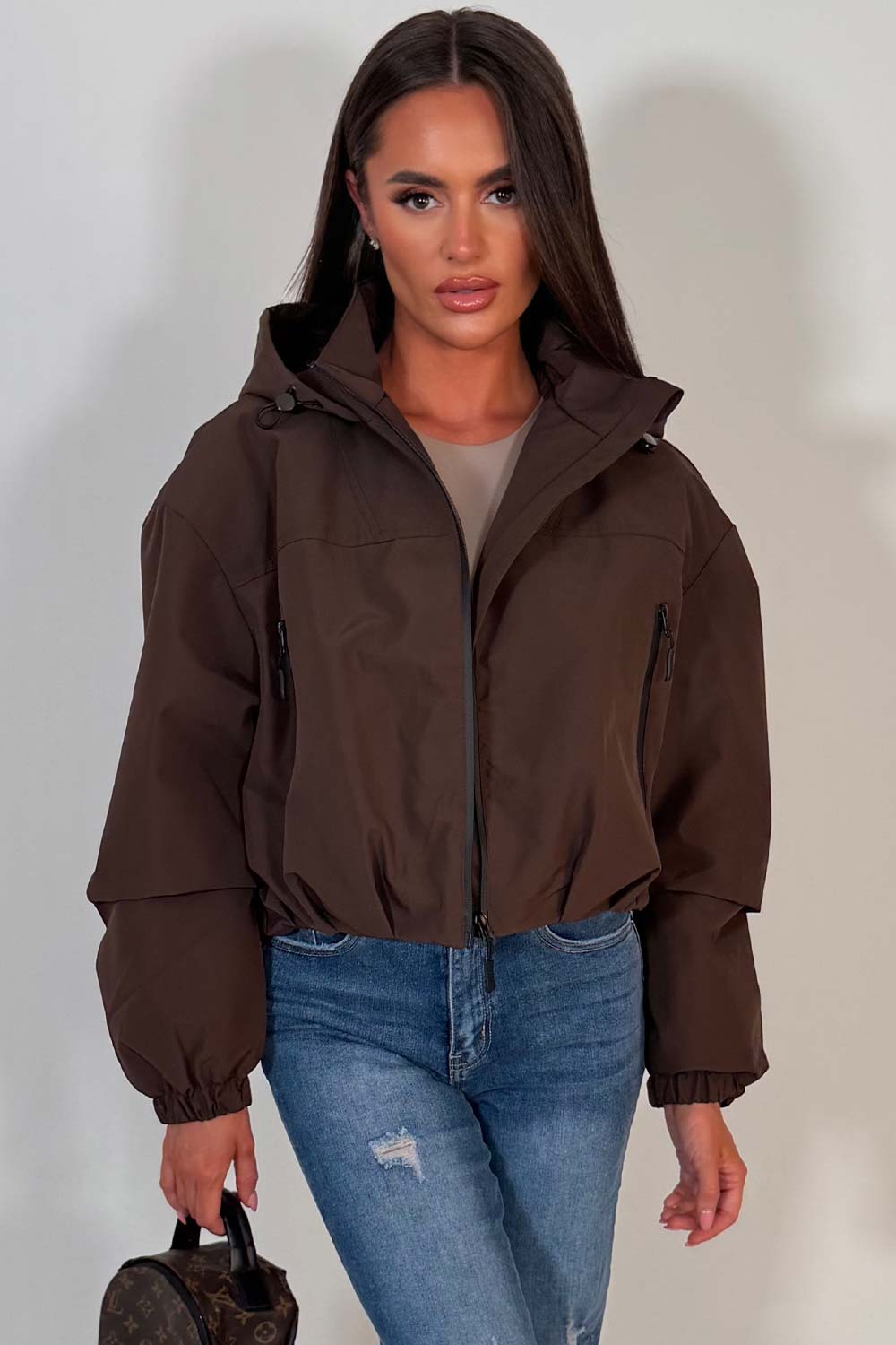 Brown Crop Padded Jacket With Hood