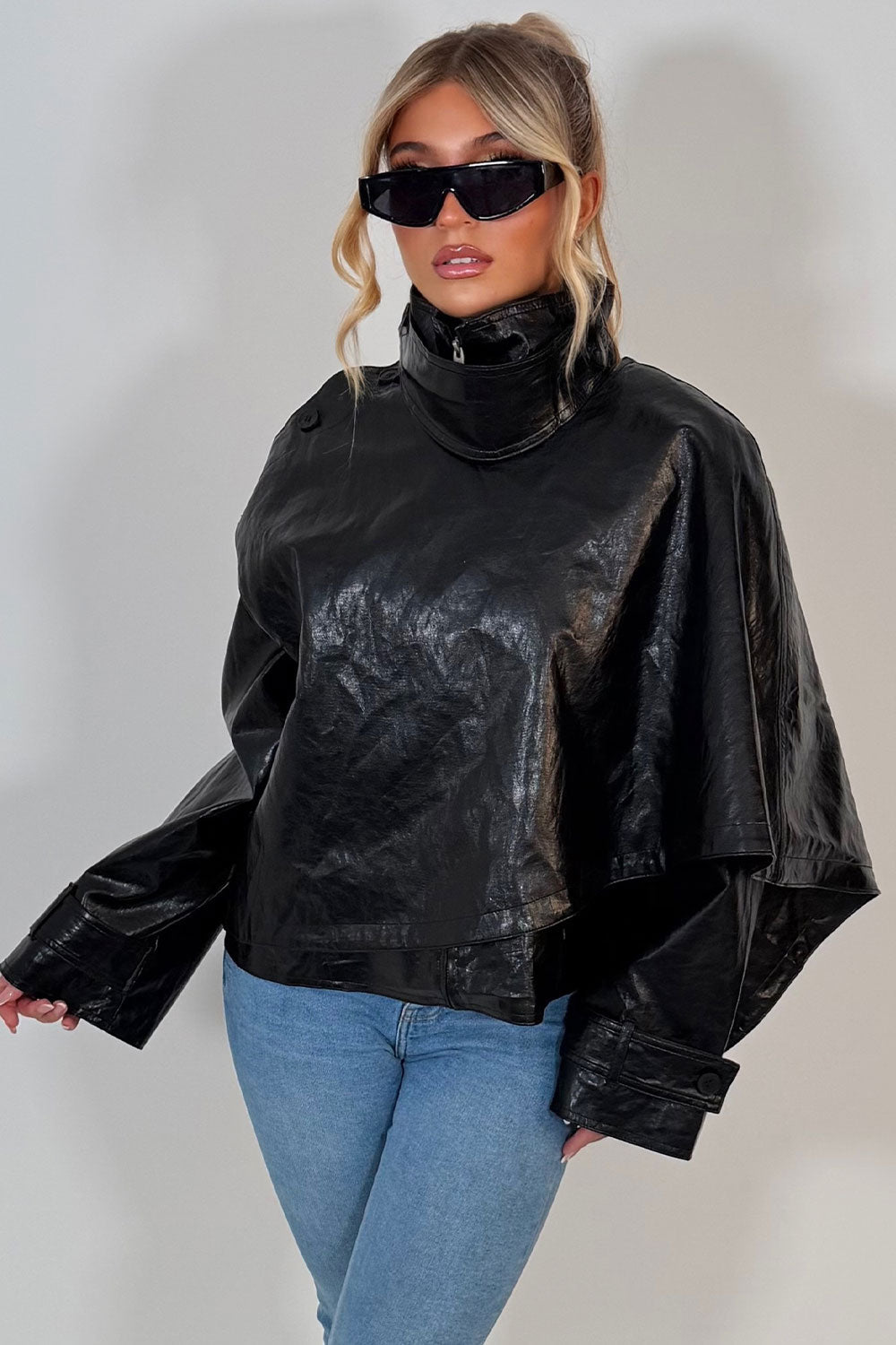 Black Faux Leather Jacket With Scarf Detail