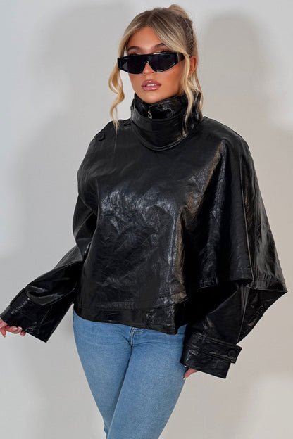 Black Faux Leather Jacket With Scarf Detail