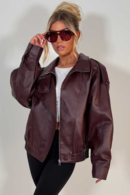 Faux Leather Funnel Neck Jacket Burgundy