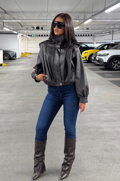 Brown Faux Leather Funnel Neck Bomber Jacket