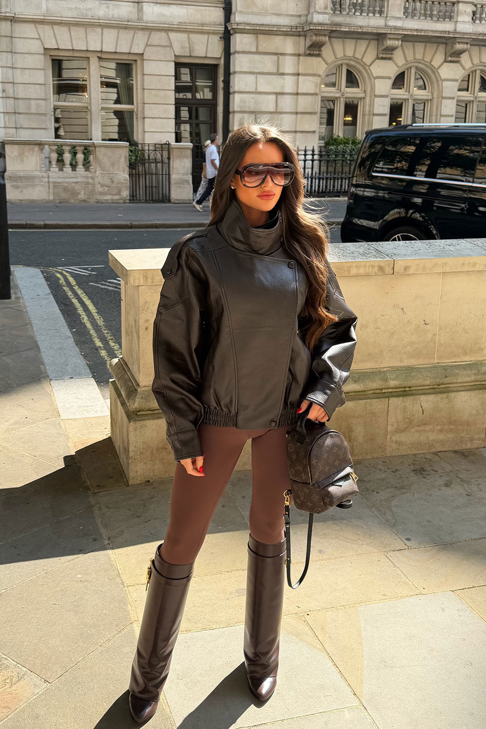 Faux Leather Funnel Neck Jacket Brown