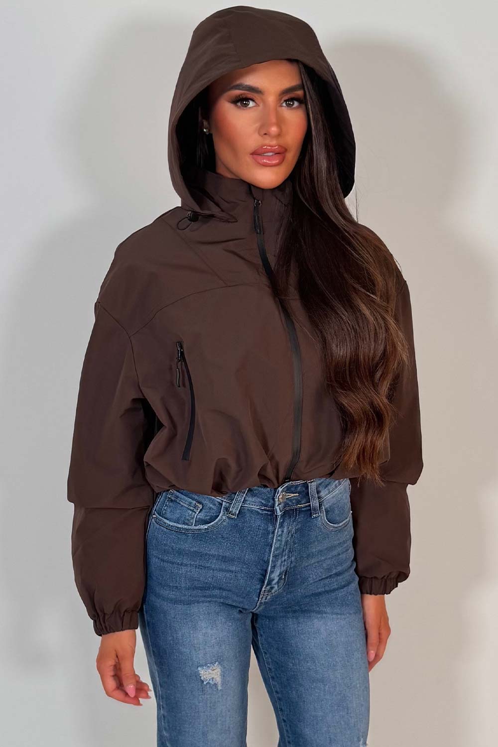 Brown Crop Padded Jacket With Hood