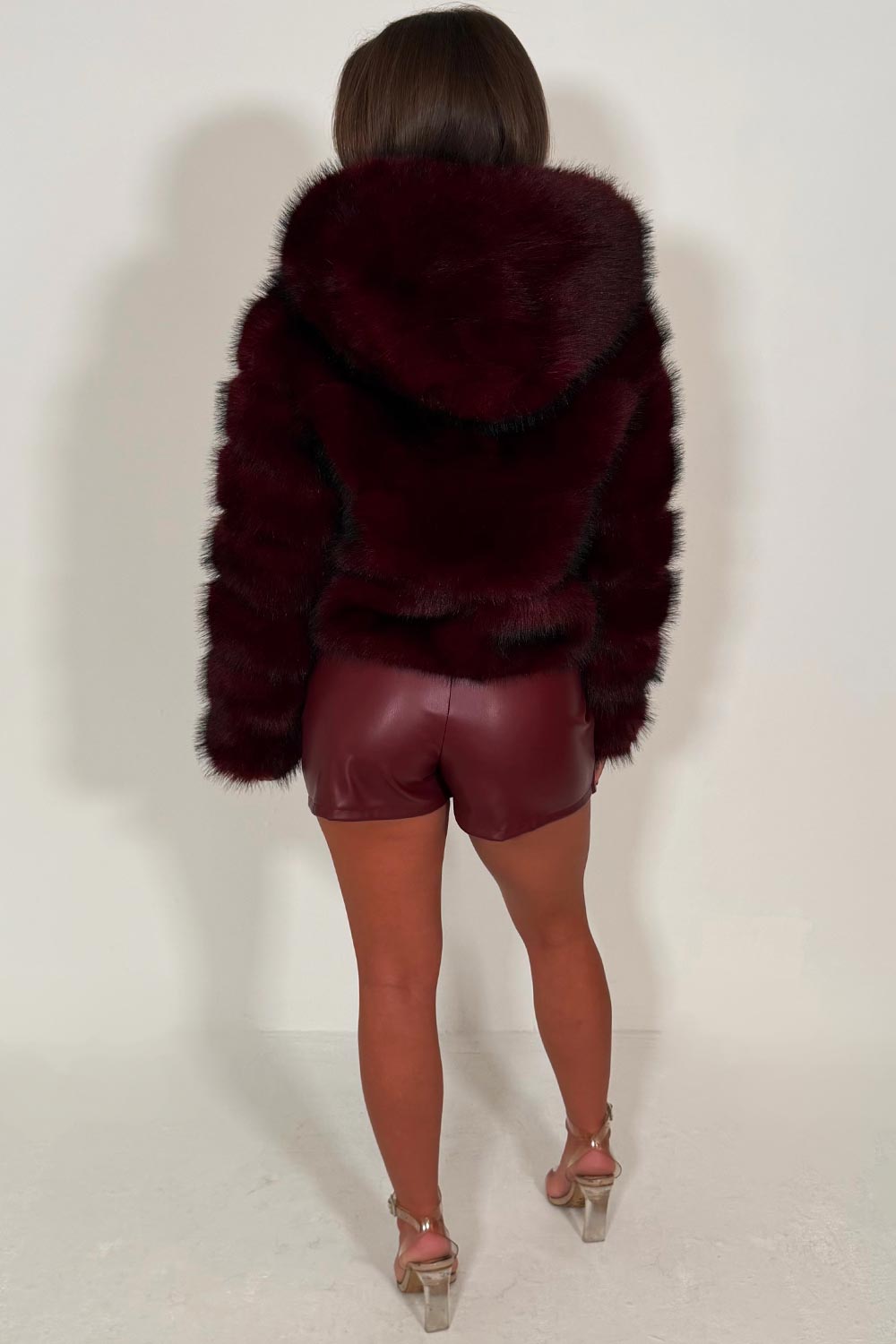 Burgundy Faux Fur Jacket With Hood