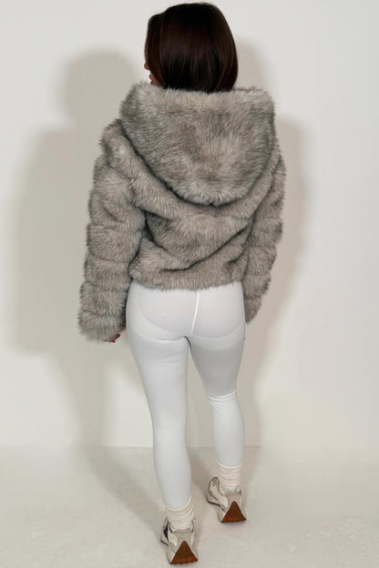 Grey Faux Fur Jacket With Hood
