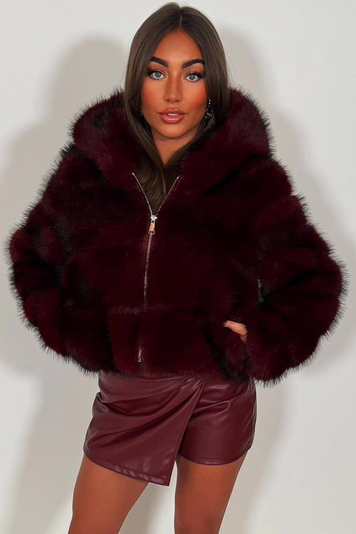 Burgundy Faux Fur Jacket With Hood
