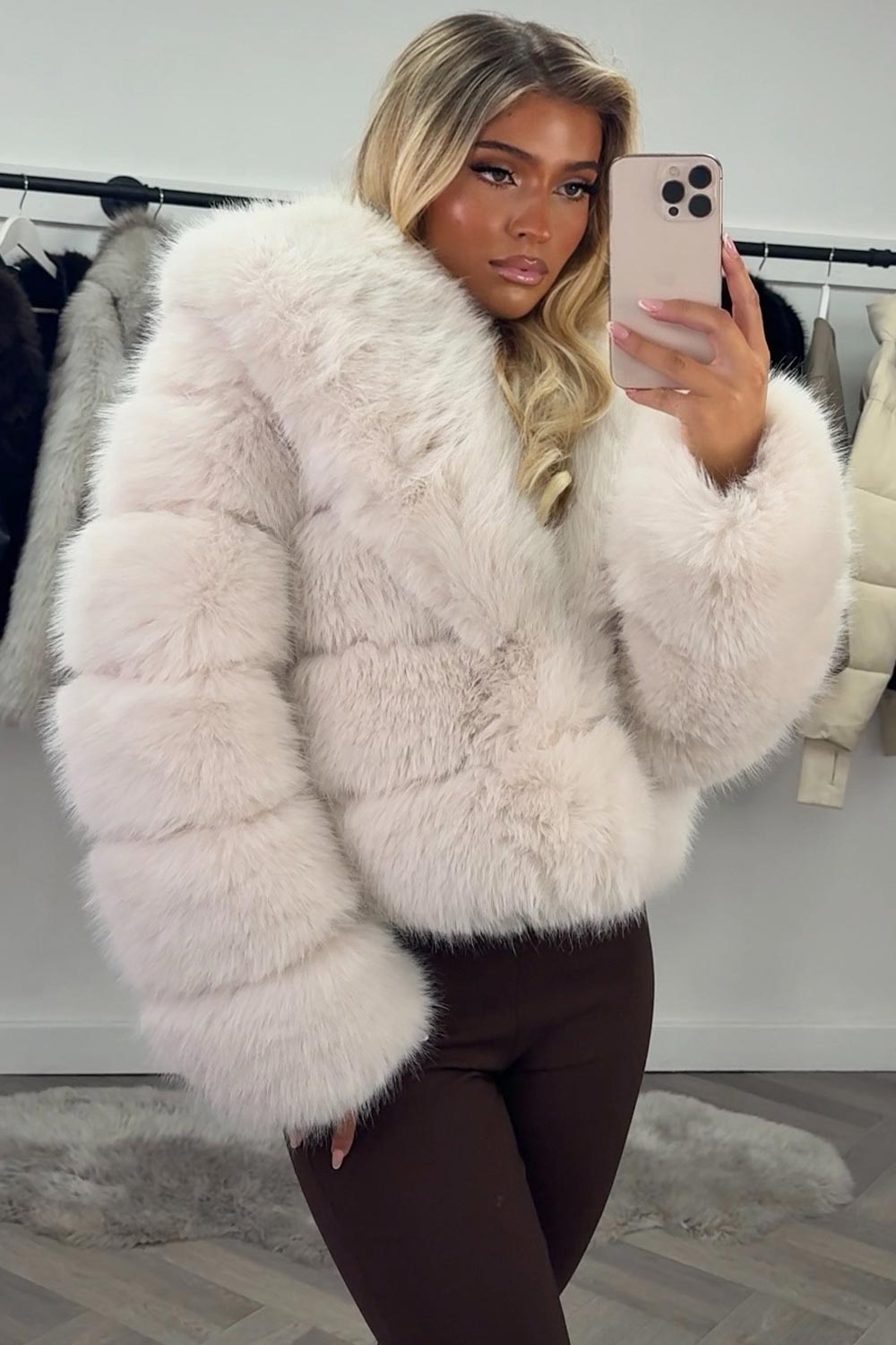 Beige Faux Fur Coat With Collar
