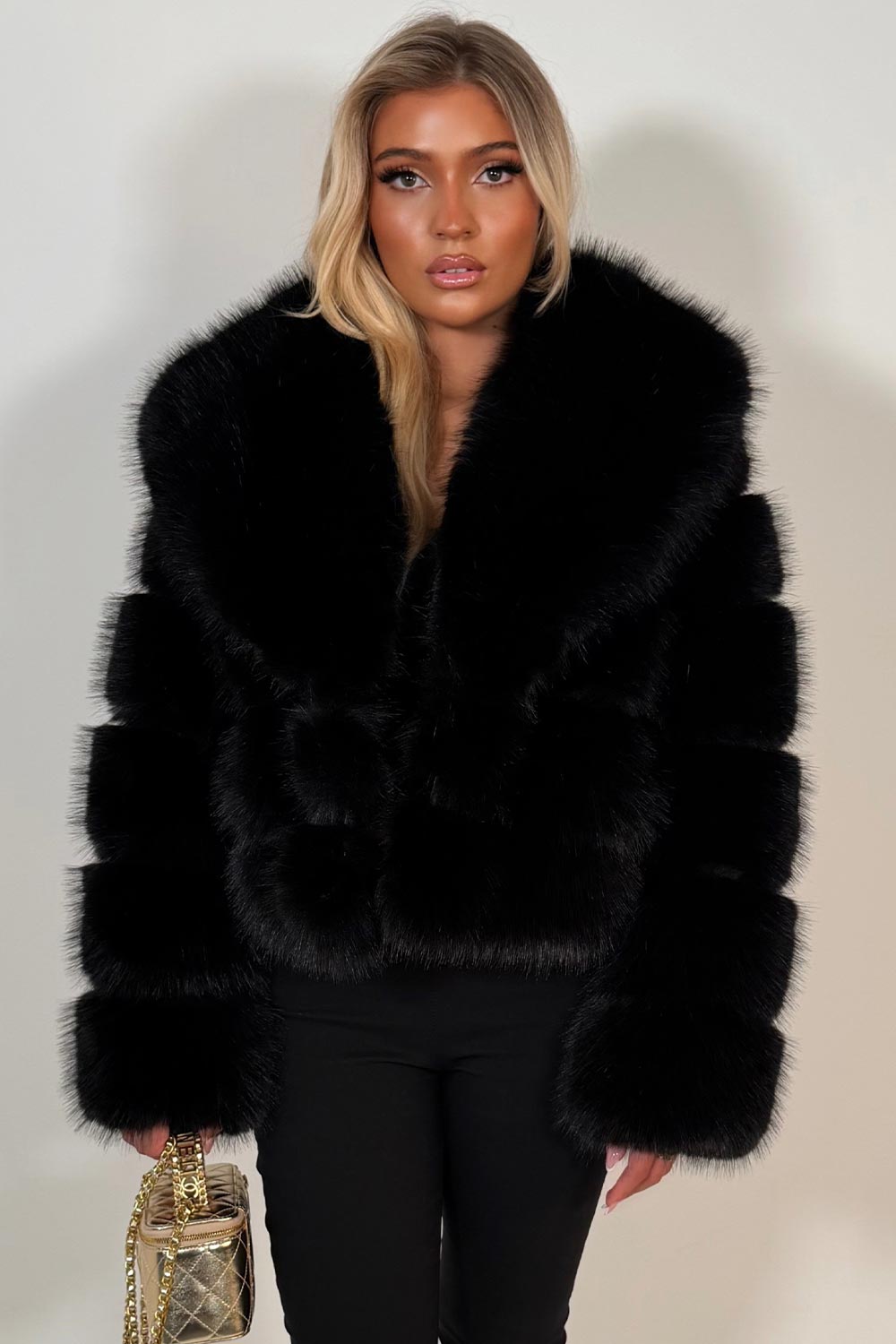 Black Faux Fur Coat With Collar