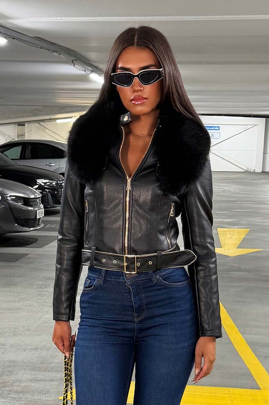 Black Faux Fur Collar Jacket In Faux Leather With Belt