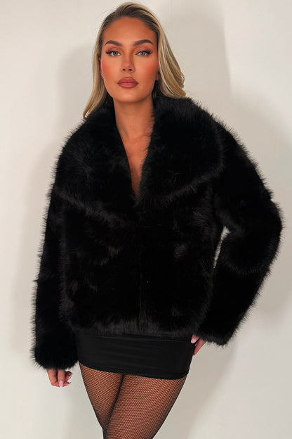 Faux Fur Jacket Collared Black