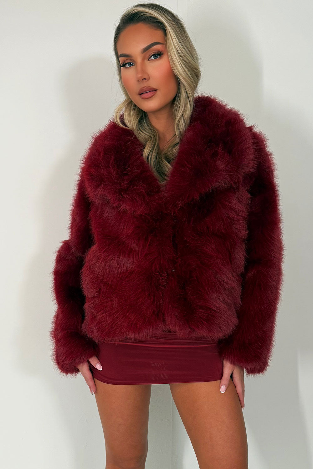 Faux Fur Jacket Collared Burgundy