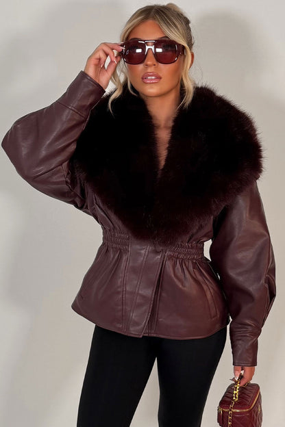 Burgundy Fur Collar Faux Leather Jacket With Cinched Waist