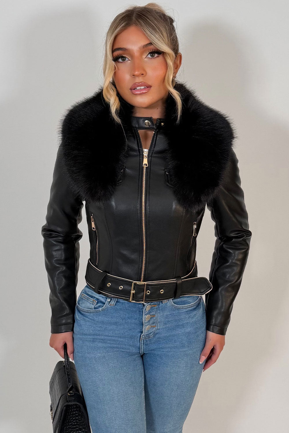 Black Faux Fur Collar Jacket In Faux Leather With Belt