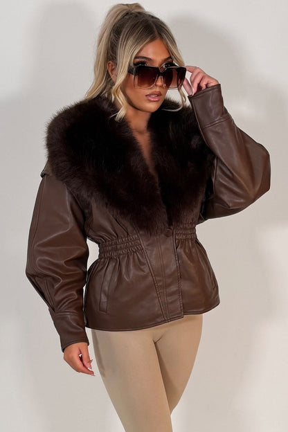 Brown Fur Collar Faux Leather Jacket With Cinched Waist