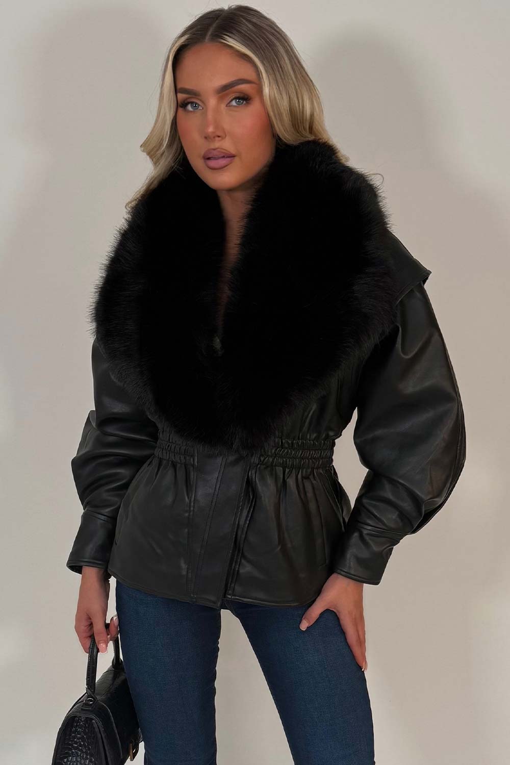 Black Fur Collar Faux Leather Jacket With Cinched Waist