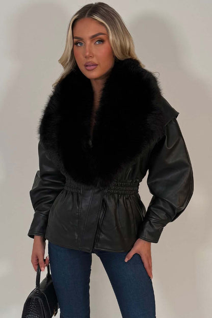 Black Fur Collar Faux Leather Jacket With Cinched Waist