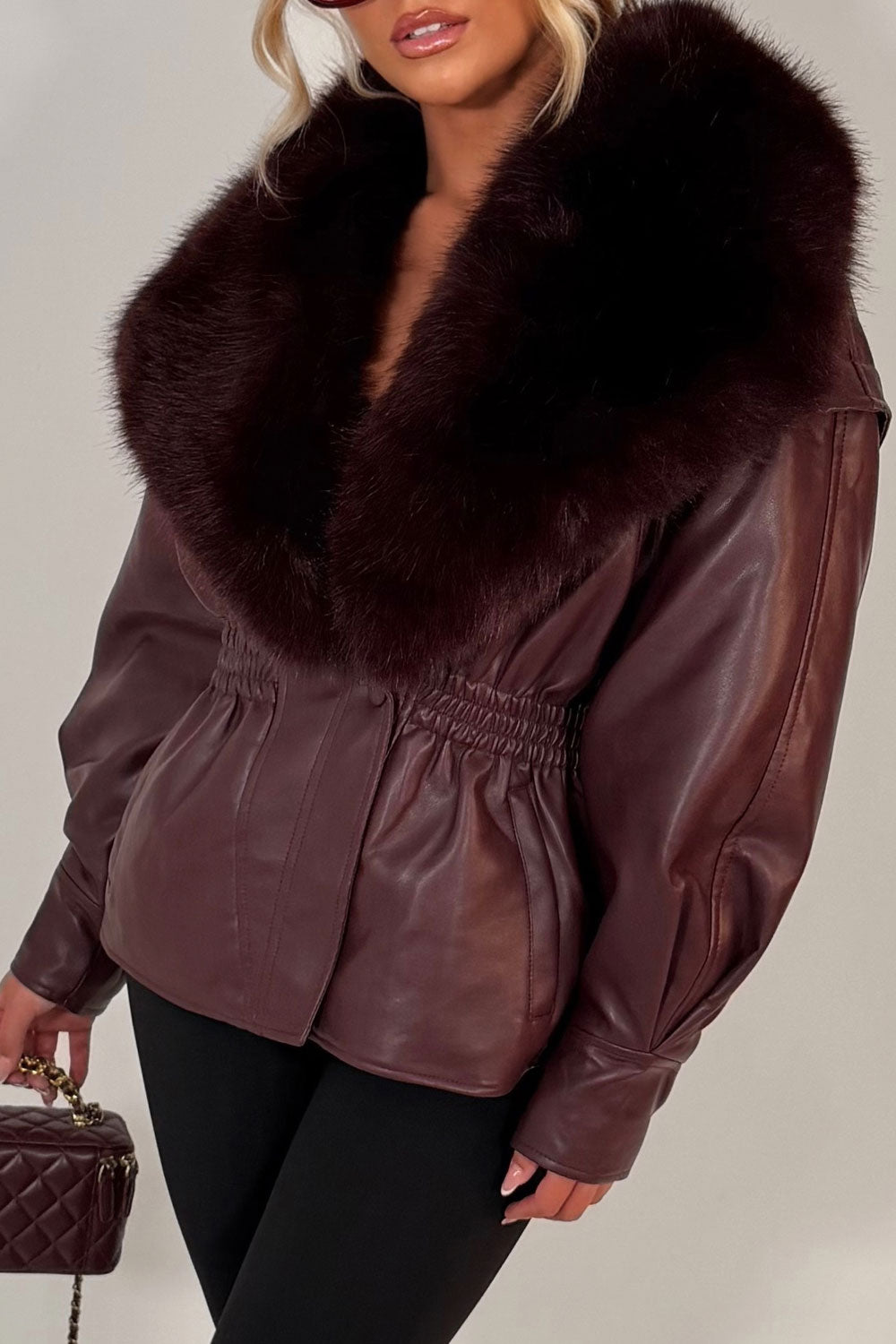 Burgundy Fur Collar Faux Leather Jacket With Cinched Waist