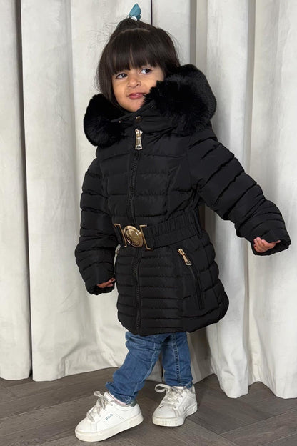 Girls Black Puffer Jacket With Faux Fur Hood And Gold Belt