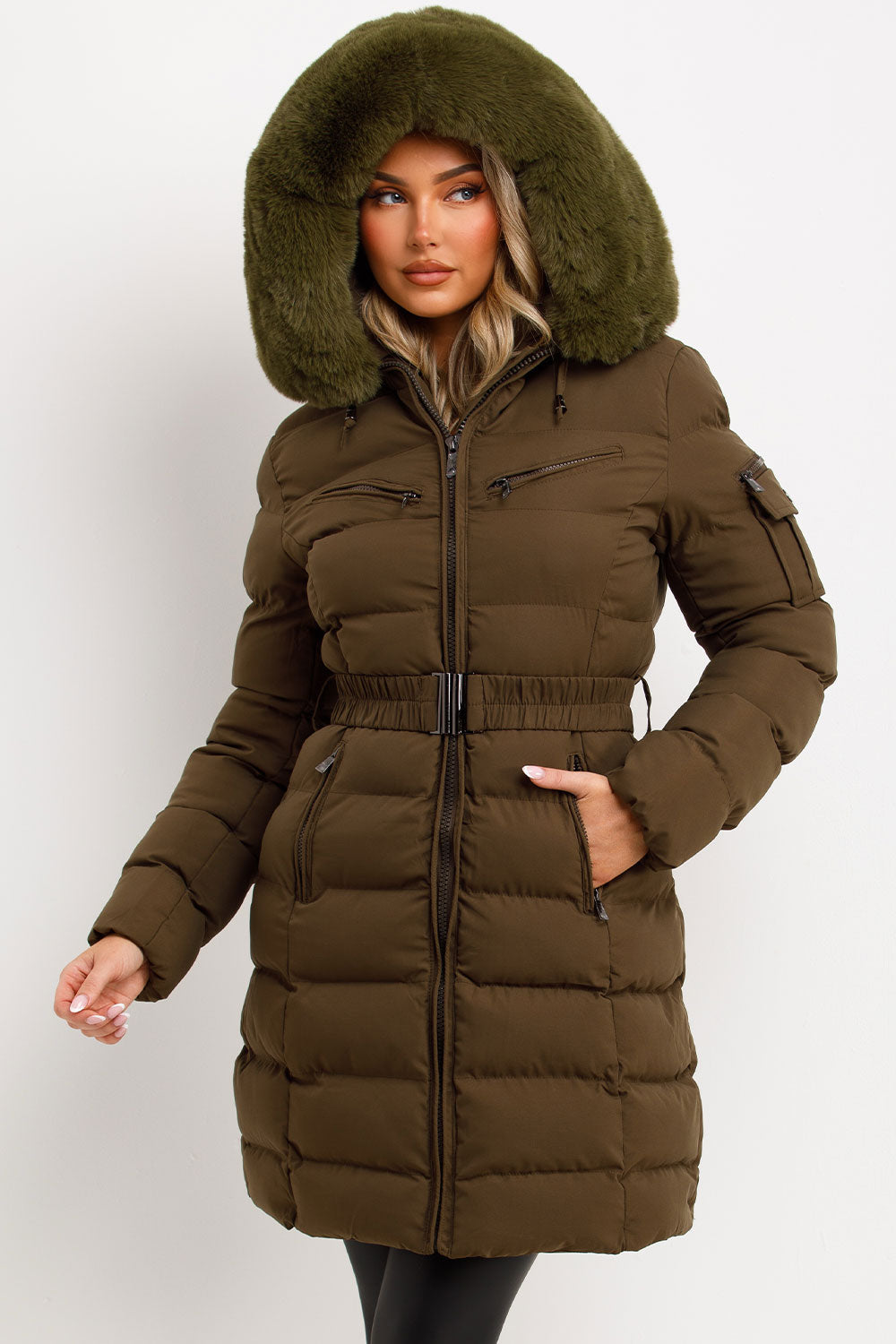 Long Puffer Coat With Fur Hood And Belt Khaki