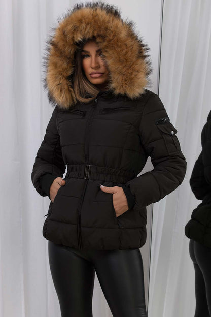 Faux Fur Hood Puffer Jacket With Belt Black