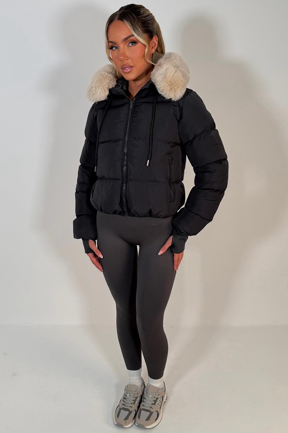 Puffer Jacket With Fur Hood Charcoal Grey