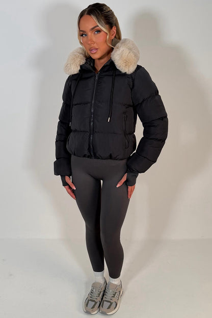 Puffer Jacket With Fur Hood Charcoal Grey