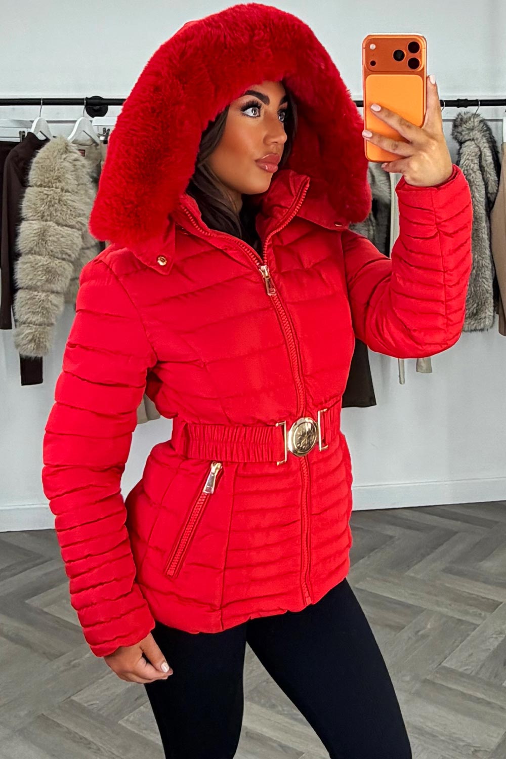 Red Puffer Jacket With Faux Fur Hood And Gold Belt