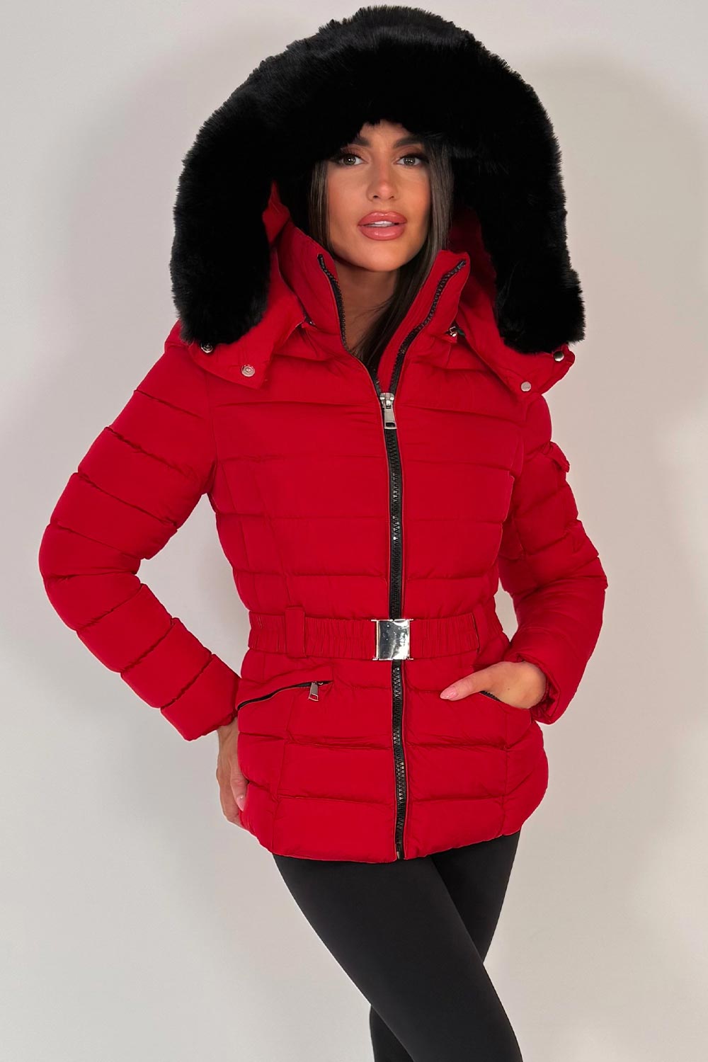 Puffer Padded Winter Jacket With Faux Fur Hood Red