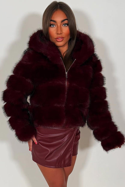Burgundy Faux Fur Jacket With Hood