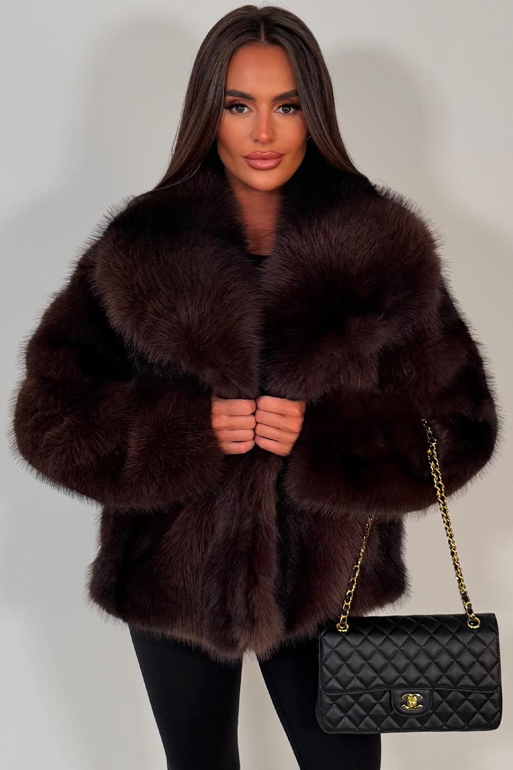 Faux Fur Jacket Collared Brown Colourway